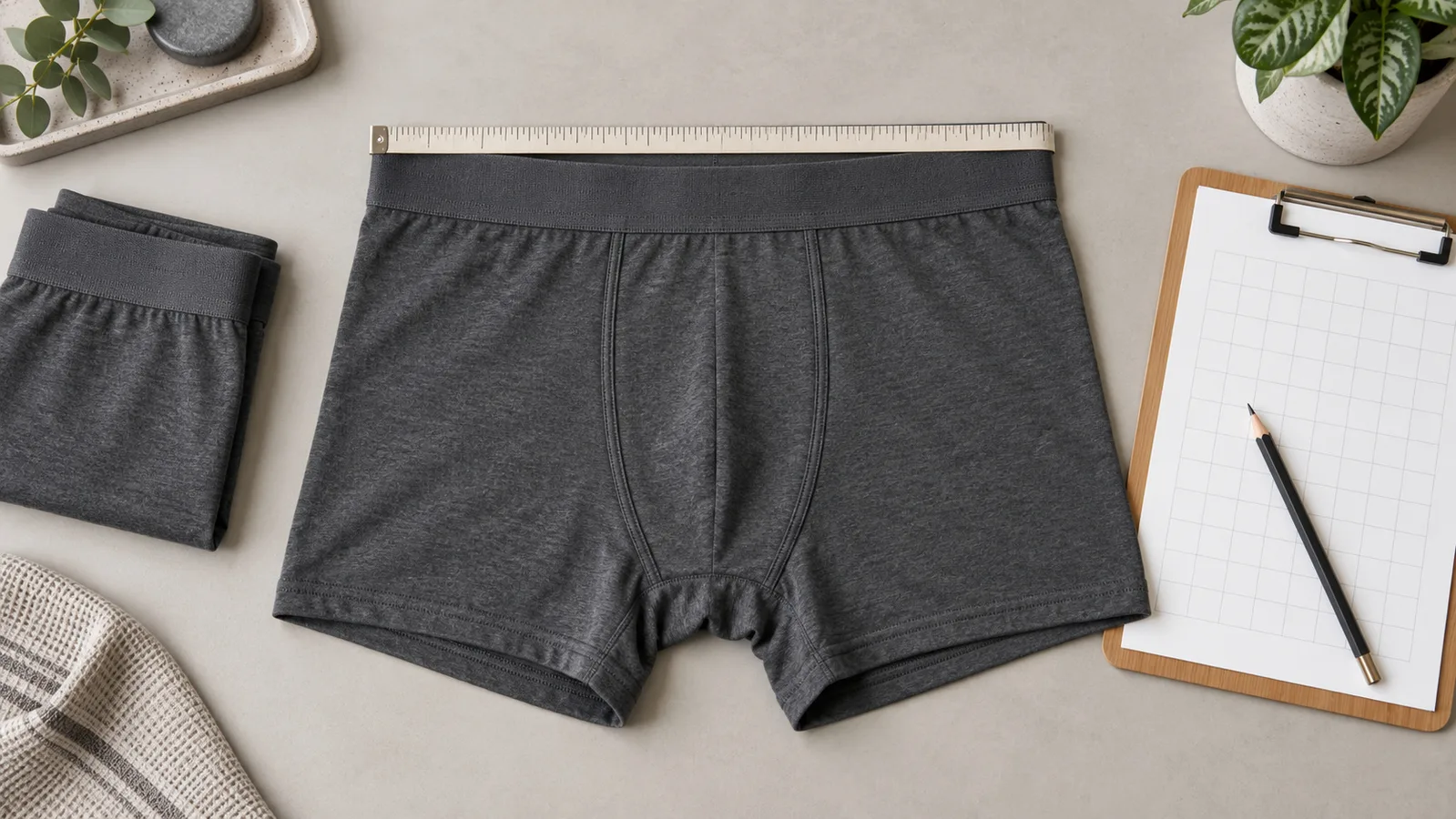 측정 테이프 옆에 편평하게 놓인 속옷과 일러스트레이션을 위한 빈 측정 기록