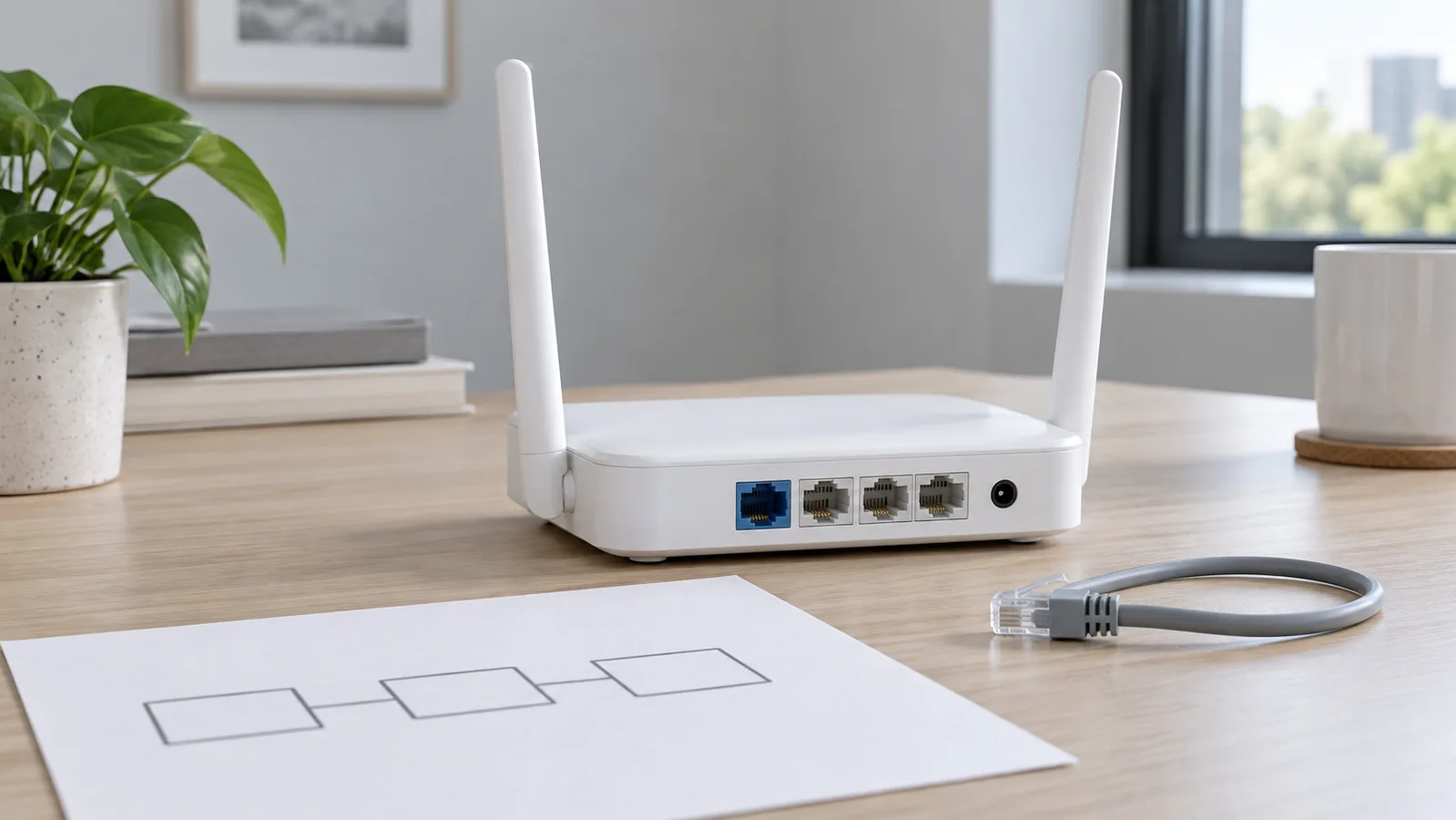 간단한 네트워크 스케치 옆에 후면 이더넷 포트가 보이는 브랜드가 없는 흰색 데스크탑 Wi-Fi 라우터